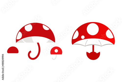 Whimsical red and white polka dot mushroom umbrellas and elements arranged on a black background