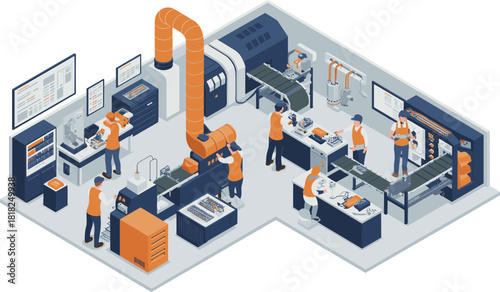Isometric modern manufacturing factory with automated machines, assembly line workers, industrial production process, robotic equipment, quality control stations, advanced technology