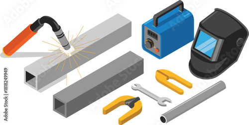 Isometric welding equipment set featuring welding torch, metal pipes, protective helmet, work tools, welding sparks, industrial fabrication accessories and machinery