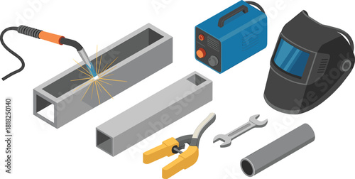 Isometric welding equipment set featuring welding torch, metal pipes, protective helmet, work tools, welding sparks, industrial fabrication accessories and machinery