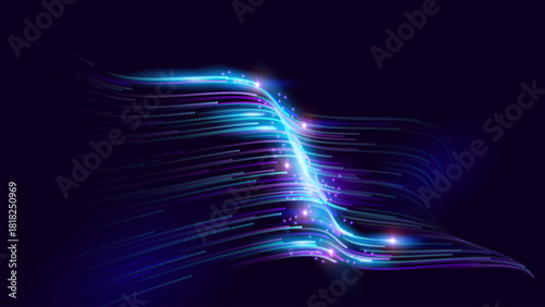 Big Data Technology Flow Background with Neural Network Particles and Digital Stream Lines. Futuristic Data Science Concept. Tech Business Presentation or Annual Report Template. Vector Illustration.