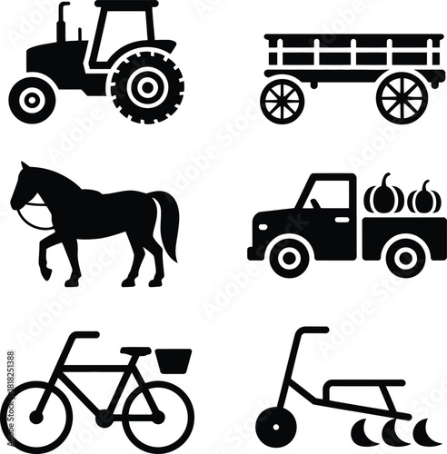 Assortment of Black Silhouette Farm and Transportation Icons on White Background Keywords: farm, tractor, trailer, horse, pickup truck, bicycle, plow, agriculture