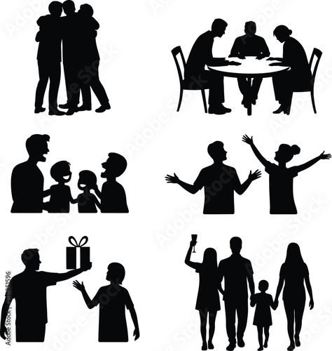 Black Silhouette Vignettes of People in Various Social Interactions vector illustration
