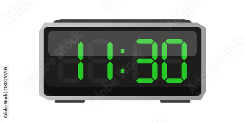 Digital alarm clock. Eleven thirty shown. Time 11 30. Green numbers vector. Electronic LED display.