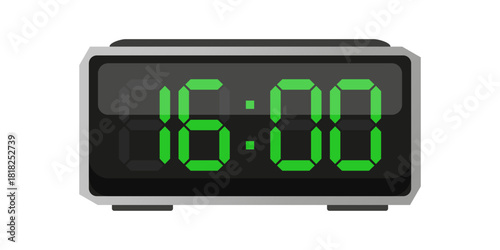 Digital alarm clock. Sixteen hours time. Time 16 00. Green numbers vector. Electronic LED display.