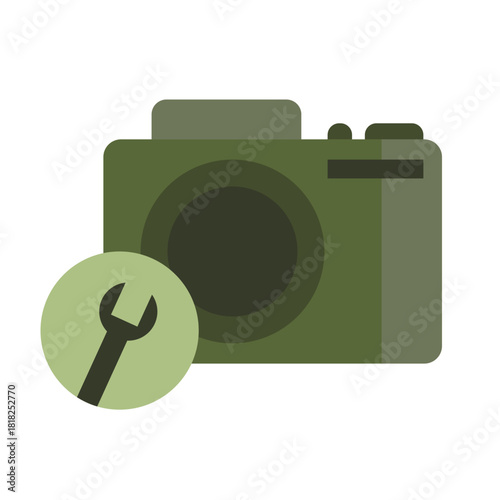 Camera setting icon. Wrench repair service. Photo equipment Vector. Minimal green graphic.