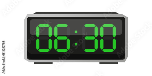 Digital alarm clock. Six thirty displayed. Time 06 30. Green numbers vector. Electronic LED display.
