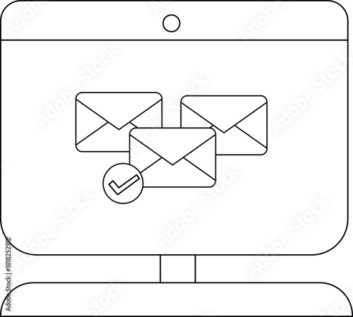 A desktop computer displaying three emails one with a checkmark icon