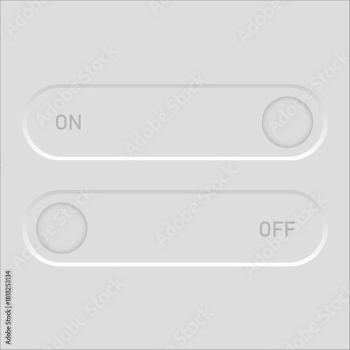 Toggle switches interface. ON OFF minimal text. Neumorphic button Vector set. Control status element.