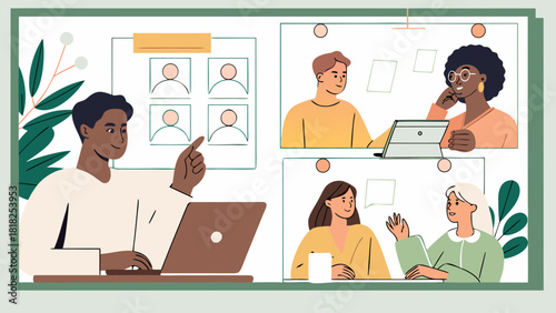 Illustration of a virtual meeting with diverse participants using laptops and video conferencing tools shown