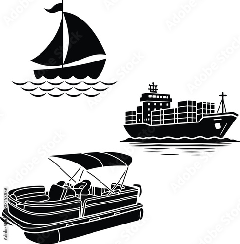 Ship and boat set water transport symbol. vessels for travel and transportation set of ship at sea, sail boats, yacht, passenger craft, cruiser and cargo ships Warship navy silhouettes set. 