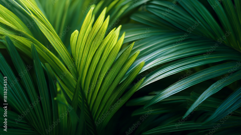 Obraz premium Vibrant green new growth emerging from lush tropical foliage