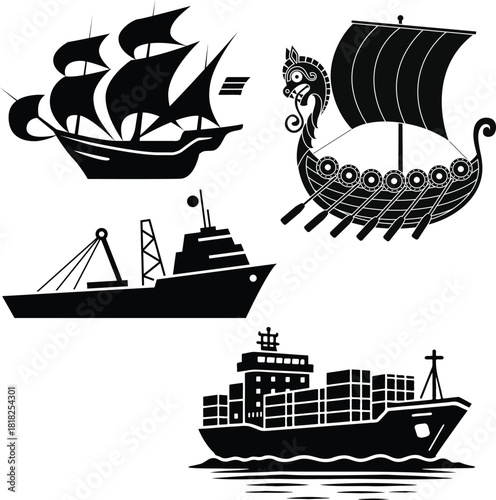 Ship and boat set water transport symbol. vessels for travel and transportation set of ship at sea, sail boats, yacht, passenger craft, cruiser and cargo ships Warship navy silhouettes set. 