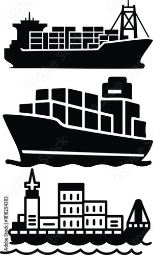 Ship and boat set water transport symbol. vessels for travel and transportation set of ship at sea, sail boats, yacht, passenger craft, cruiser and cargo ships Warship navy silhouettes set. 