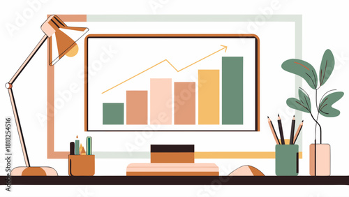 Illustration of a desk with a computer showing a bar graph and an upward trending arrow chart