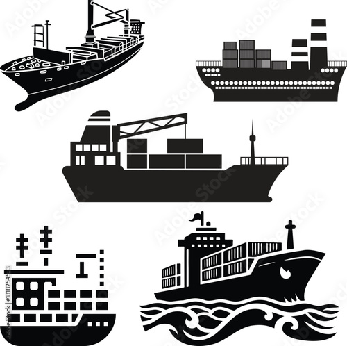 Ship and boat set water transport symbol. vessels for travel and transportation set of ship at sea, sail boats, yacht, passenger craft, cruiser and cargo ships Warship navy silhouettes set. 