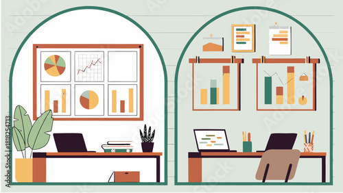 Illustration showing two office spaces with desks laptops charts and plants in a split view design style