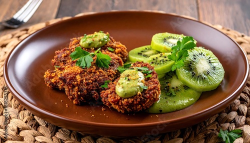 Crispy patties with green sauce and kiwi slices on a brown plate set on a woven mat with a fork nearby