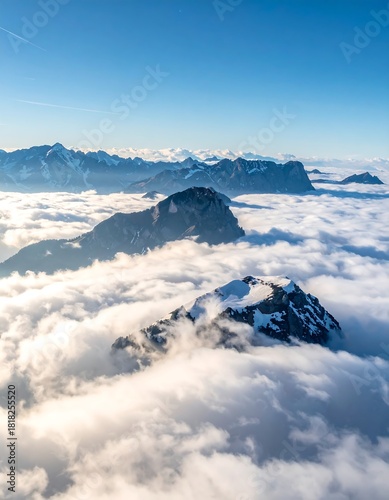 Aerial view of mountain peaks emerging from a sea of clouds under a clear blue sky. Snow caps the summits