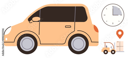 Yellow delivery car, clock illustrating schedule, forklift transporting boxes, and location pin symbol. Ideal for logistics, time management, delivery, business strategy, supply chain warehouse