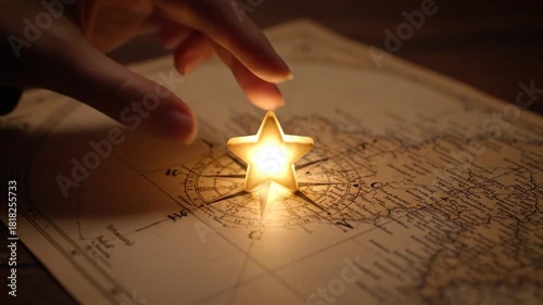 A hand holds a glowing star over a vintage map. The star illuminates the compass rose