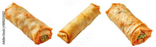Crispy golden spring rolls with flaky texture shown isolated on white transparent background, Asian snack concept