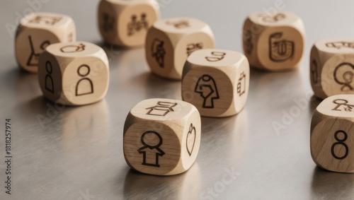 Close-up of wooden dice displaying various simple symbols arranged on a reflective surface