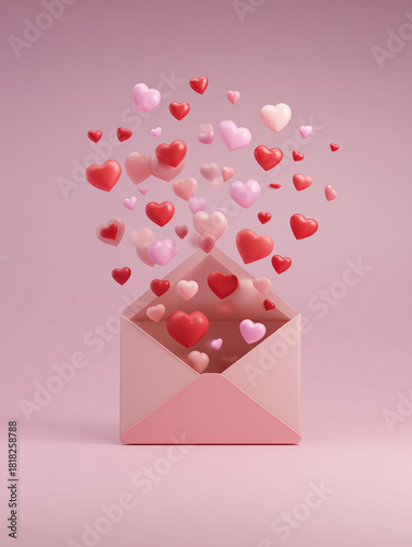 3D cute Valentine’s Day envelope with floating hearts coming out