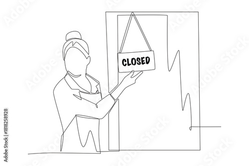 Cafe employees who change the open sign to closed. Employee flip close sign concept one-line drawing