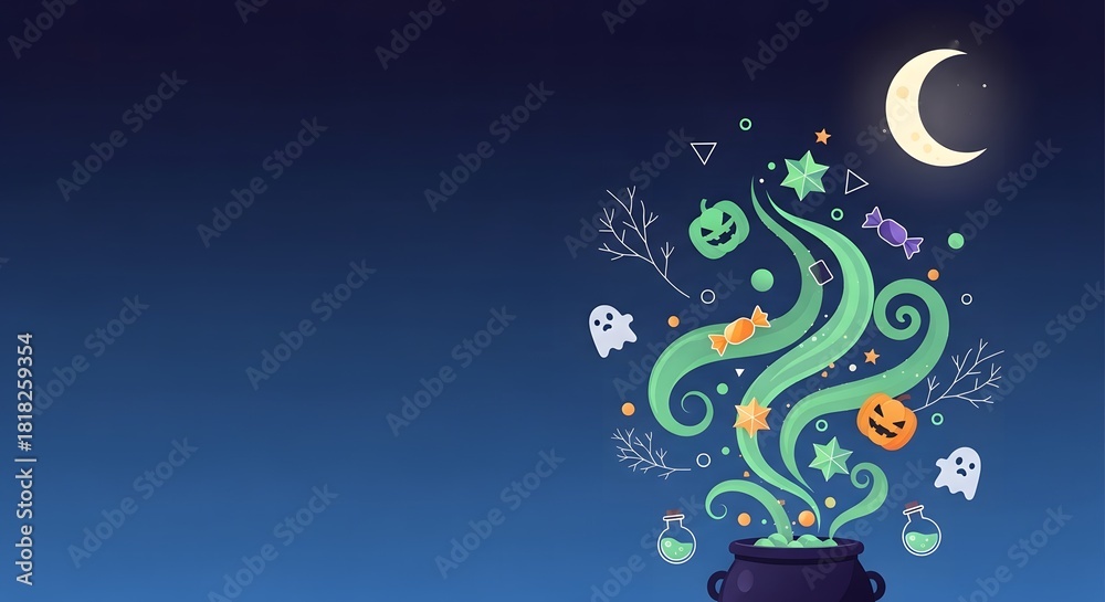Naklejka premium Whimsical halloween cauldron bubbling with magical green smoke and spooky elements under a crescent moon