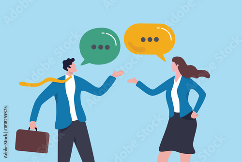 Conversation dialogue, argument or negotiation at work, talk or communicate to colleagues, discussion message, social community concept, businessman having conversation with businesswoman colleague.