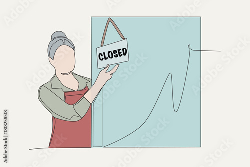 Colored cafe employees who change the open sign to closed. Employee flip close sign concept one-line drawing