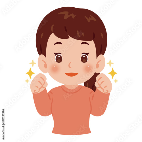 両手でガッツポーズをした女性　上半身イラスト／Upper Body Illustration of Woman Doing Double Fist Pump with Bent Arms