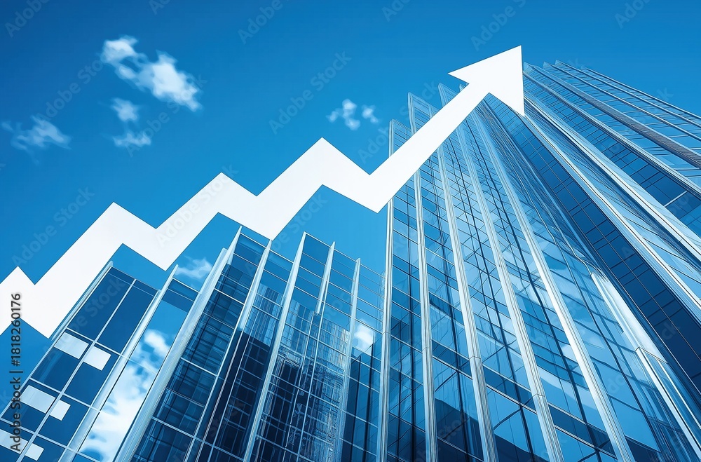 Naklejka premium A modern glass building with an upward pointing arrow graph on a blue sky background representing the concept of business growth and corporate success.
