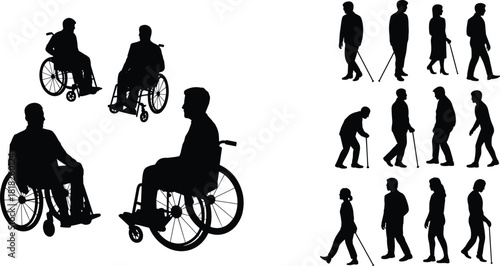 Silhouettes of people using wheelchairs and walking canes, depicting disability mobility support, accessibility, rehabilitation, independence, and inclusive healthcare design