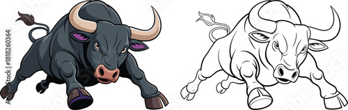 Charging bull illustration with dynamic pose, powerful animal artwork, cartoon style vector drawing, aggressive energy, bold mascot design