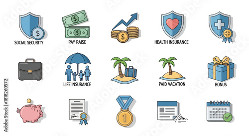 Icons depicting employee benefits such as health insurance and paid vacation.