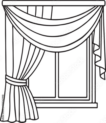 Black and white line drawing of a window with draped curtains and tie-back drapes