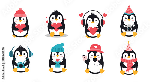 Collection of cute cartoon penguin characters with different accessories like hats headphones hearts and cameras for valentine's day.