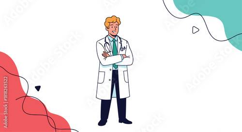 A friendly male doctor in a white coat with a stethoscope stands with arms crossed against an abstract background in flat style.