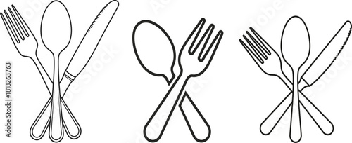 Outline Silhouettes of Forks Spoons and Knives on White Background Keywords: fork, spoon, knife