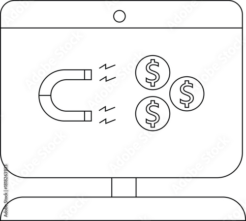 A monitor screen displays a magnet attracting dollar coins