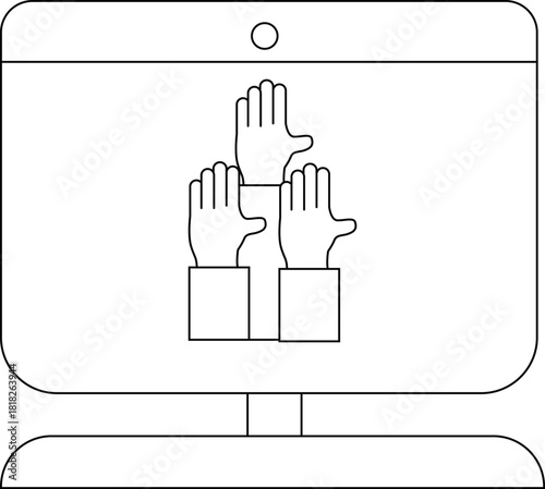 A screen displays 3 raised hands in a row with an oval button at the top of the screen