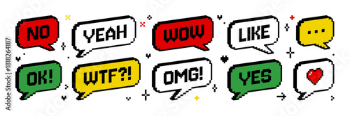 Pixel 3d isometric icon and sticker set. 8 bit retro game style. Y2k trendy vector illustration of speech bubbles yes no ok omg wow etc in red yellow green colors. Social media and chat elements.