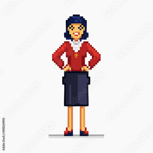 A confident pixel art woman with dark hair, a red top, and a blue skirt, standing with hands on hips, smiling.