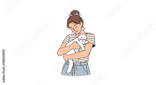 A cute and heartwarming illustration of a young woman with her hair in a bun gently hugging a happy and content white cat.