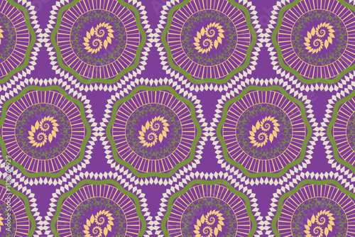 A high-contrast cerise pink and olive green circular mandala motif, excellent for lively resort wear or bold accessory linings.