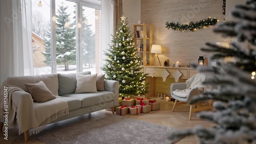 Elegant Christmas Living Room Decorated for the Holidays, Featuring a Beautiful Tree, Gifts, and a Snowy Winter Landscape Outside the Window.