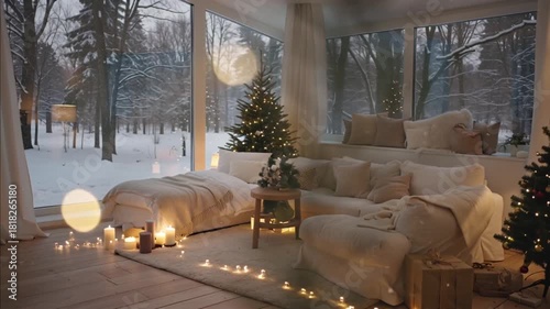 Cozy Minimalist Living Room with Scandinavian Christmas Decor and Gentle Snowfall Outside, Creating a Peaceful and Warm Winter Holiday Atmosphere.