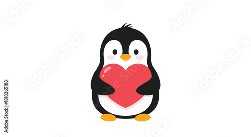 An adorable and cute cartoon penguin standing and holding a large red heart symbolizing love affection and valentine's day.